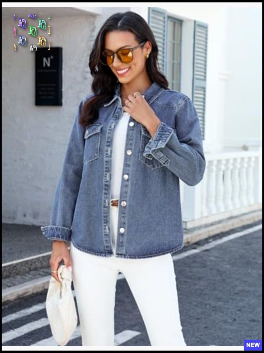 Distressed Denim Jacket Relaxed Fit Button Down Trucker Shacket Long Sleeve - Picture 2 of 7